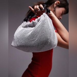 NWOT | Topshop Gretchen Silver Rhinestone Evening Bag | Black Satin Handle